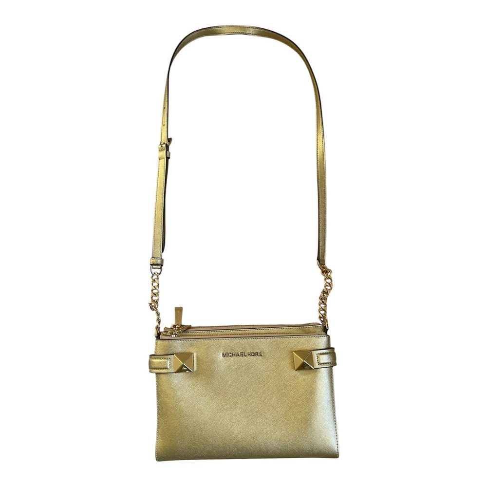 Michael Kors Gold Crossbody Bag Saffiano Leather Double Zip Chain Strap NWOT